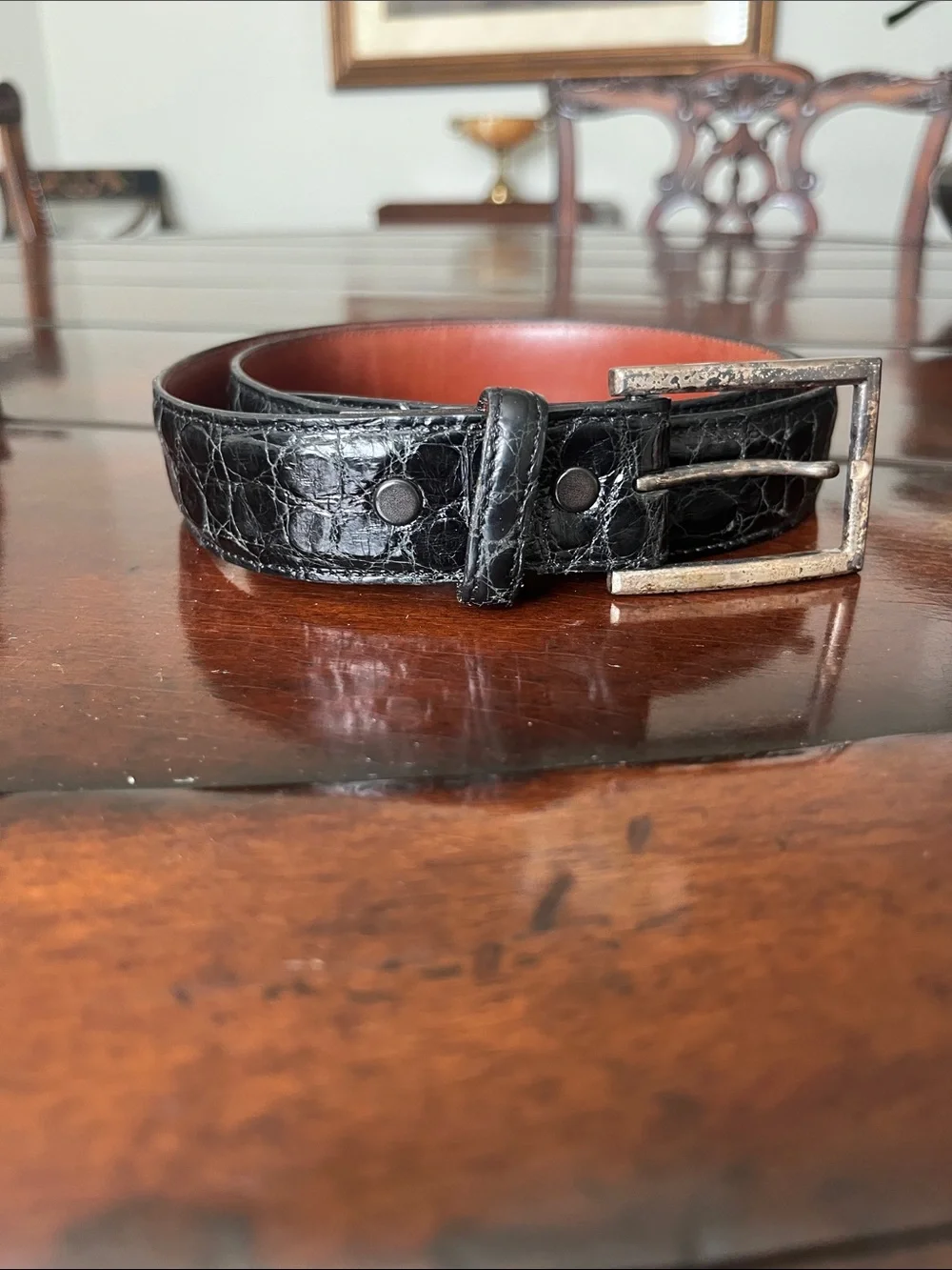 Men's Black Croc-Texture Leather Belt with Brown Interior